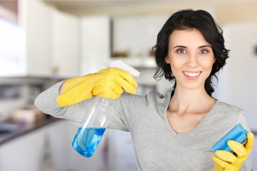 Eco-friendly office cleaning supplies arranged for a workplace service
