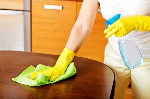 Clean office workspace with organized desks and polished surfaces