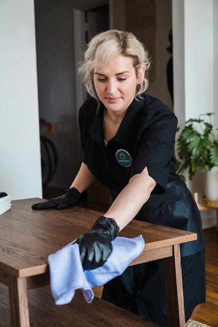 A woman from Pimlico Cleaners, dressed in a black uniform, is engaged in domestic cleaning by carefully arranging cushions on a light grey sofa in a living room setting. She appears attentive to detai